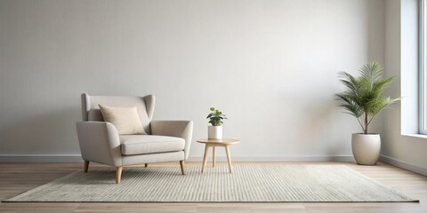 Serene Living Room Design Featuring Neutral Tones and Soft Textures  A Cozy Armchair, Side Table, and Potted Plant Enhance a Peaceful Atmosphere