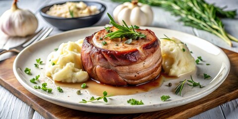 A savory bacon-wrapped meat medallion served with creamy mashed potatoes and fresh herbs, a delectable culinary presentation