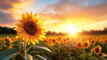 Single sunflower at sunset over a sunflower field