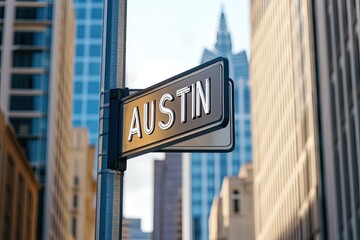 Fototapeta premium Signpost showcasing Austin amidst modern skyscrapers, vibrant ur