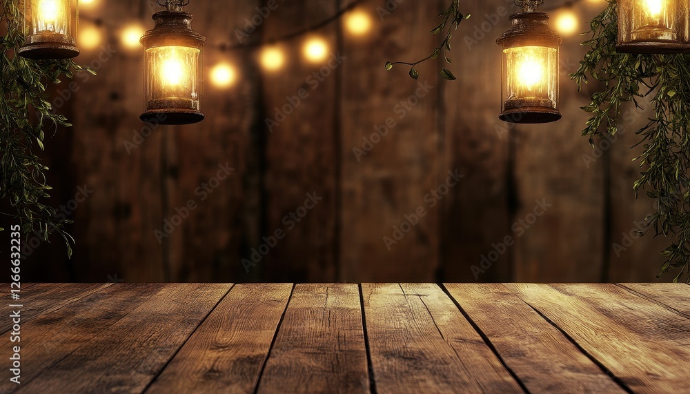 Poster Rustic Wooden Table with Warm String Lights and Lanterns