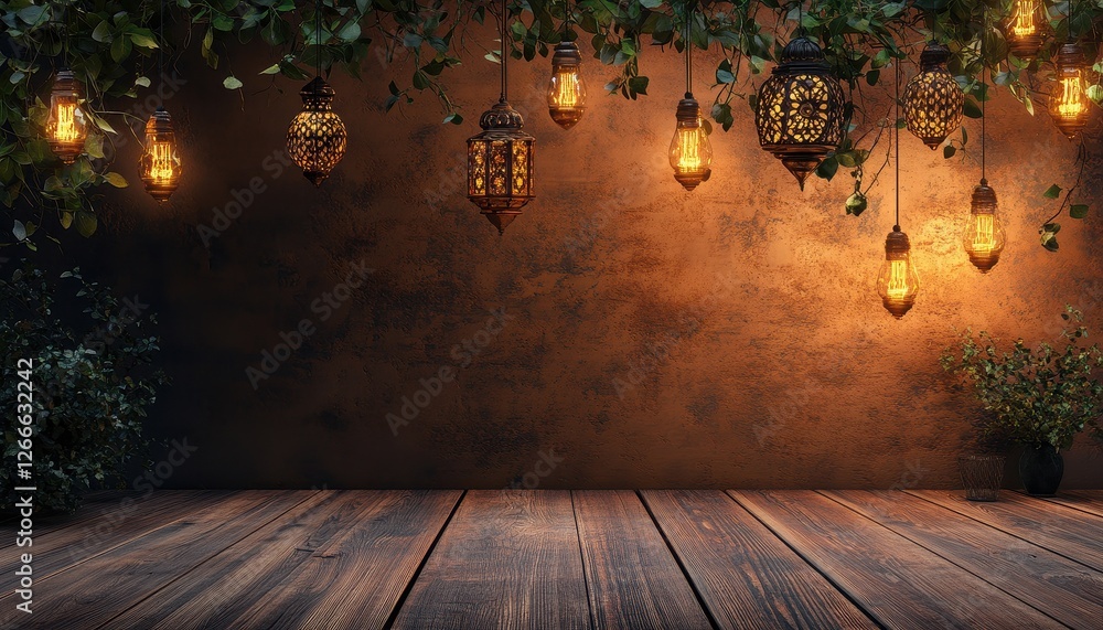 Poster rustic wooden table with warm hanging lanterns and string lights