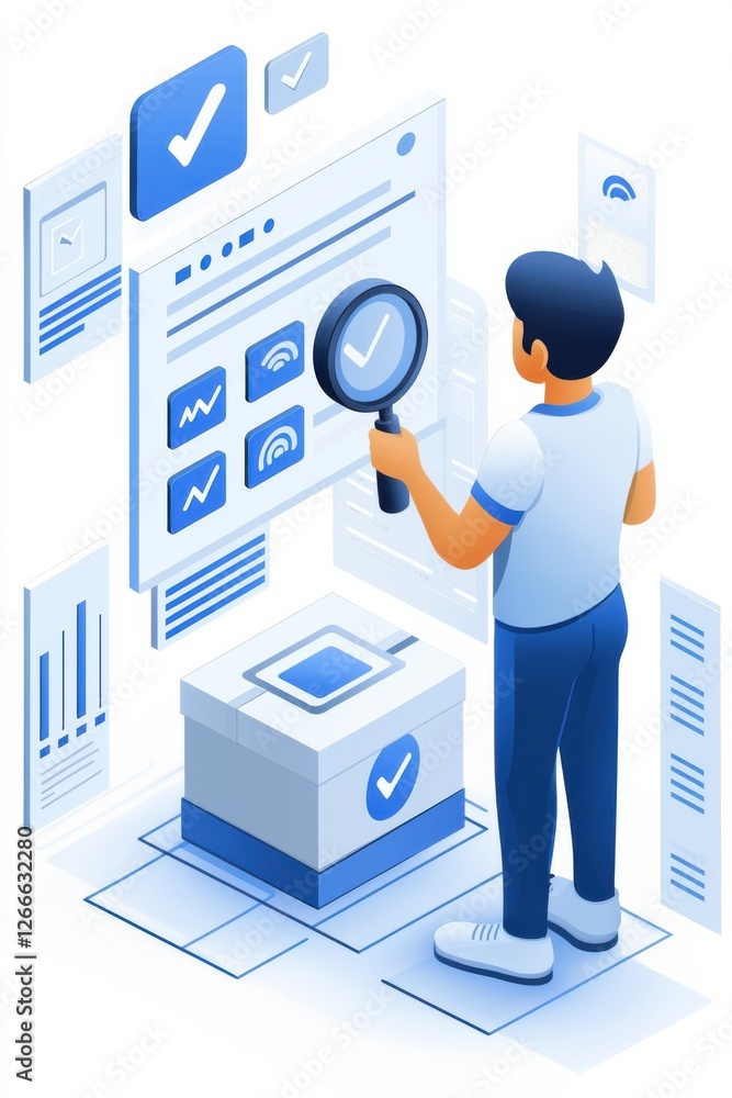 Poster illustration of business data analysis featuring a worker interacting with a dashboard