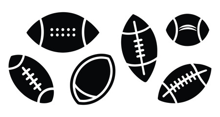 American football, rugby ball, sports equipment, black and white icons, silhouettes, oval shapes, laces.