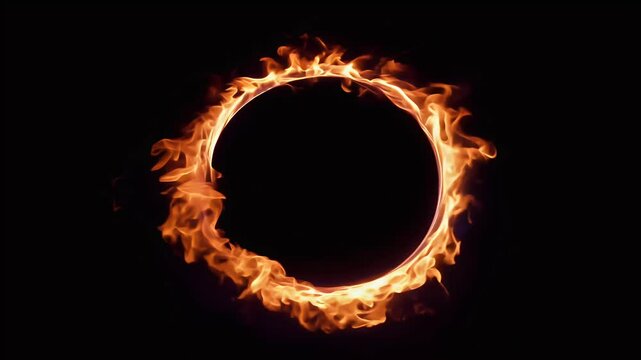 A 4K animation showcasing colorful fire flames forming dynamic circular shape dark background presented seamless loop perfect energetic visual effects dramatic intros fiery digital animations
