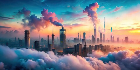 Soft pastel smoke rises from a futuristic cityscape at dusk , futuristic, technology