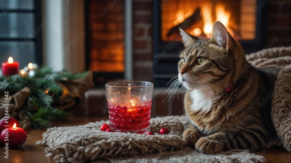 Wall mural A cozy scene featuring a cat by a fireplace with candles and festive decor.