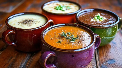 Healthy eating showcased through assorted soups in charming mugs.