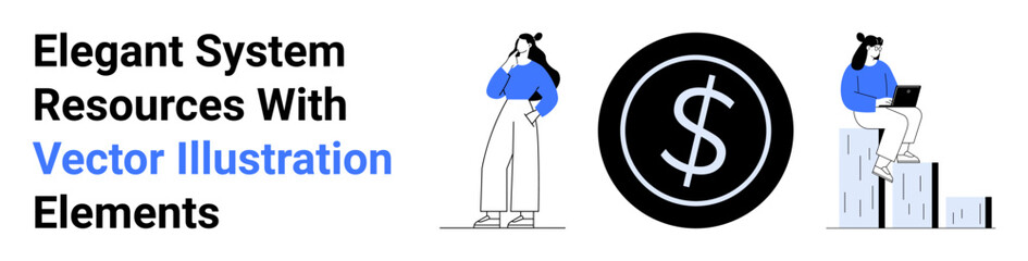 Fototapeta premium Women in casual outfits engaging in financial analysis and business tasks, dollar coin symbol, bar graph. Ideal for business strategy, investment, financial growth, startups, data-focused projects