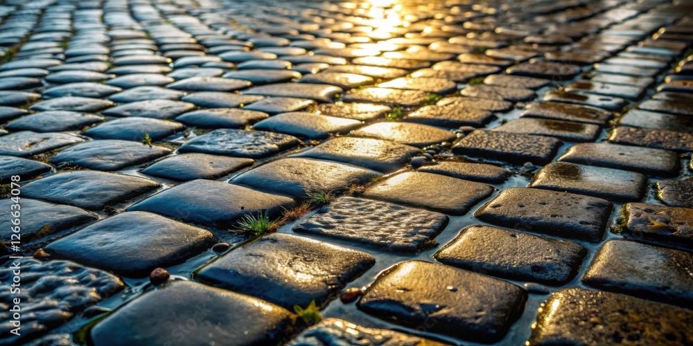 Poster golden hour on a wet cobblestone path a textured perspective