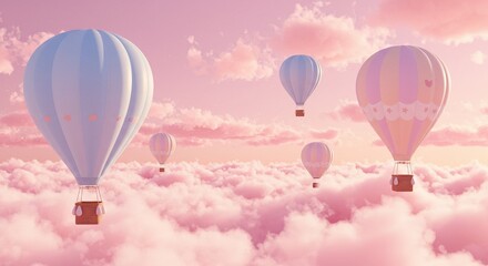 Fototapeta premium Hot Air Balloons Flying Above Pink Clouds Dreamy Fantasy Landscape