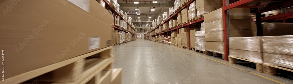 Poster vast storage space with neatly stacked cardboard boxes in a modern warehouse environment
