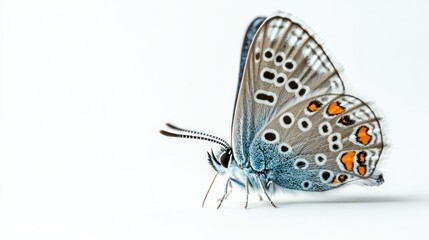 A close-up of a butterfly showcasing its intricate patterns and colors against a white background.