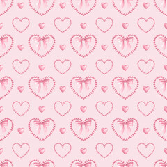Coquette hearts, bows and beads in pastel pink color. Watercolor seamless pattern hand drawn on pink for cutecore, girl style, romantic design, textile, wrapping, fabric and scrapbooking paper.