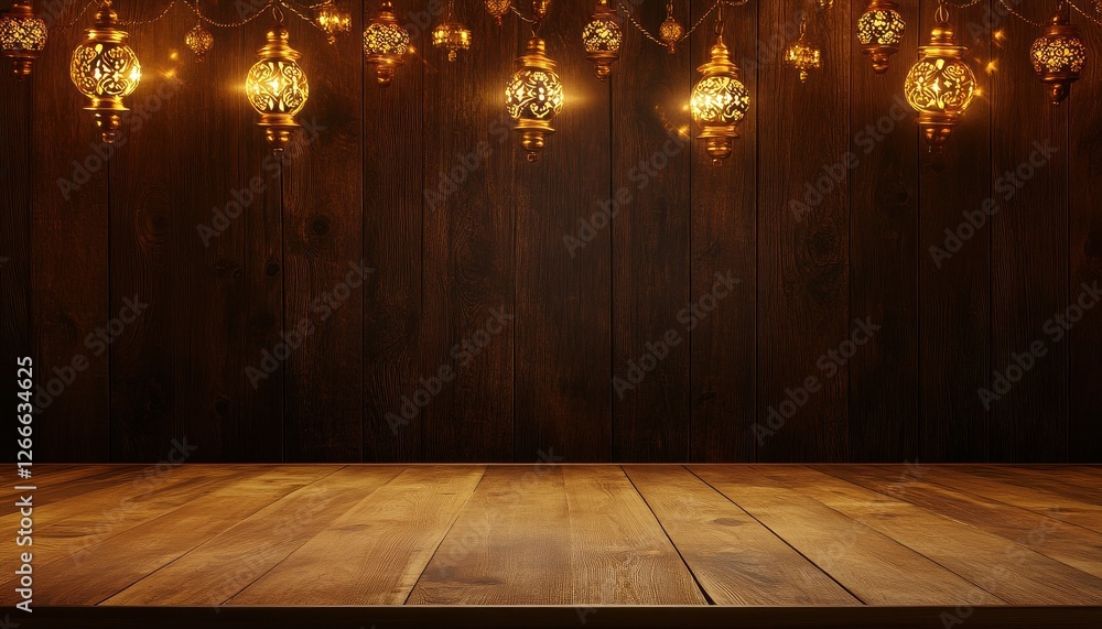 Poster warm brown wooden table with hanging illuminated lanterns dark rustic background