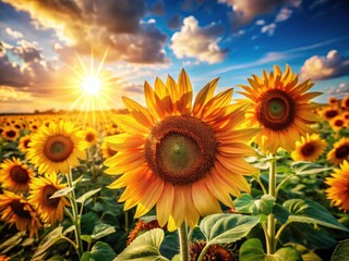 Fototapeta premium Vintage sunlit sunflowers, a vibrant summer sky; nature's artistry captured.