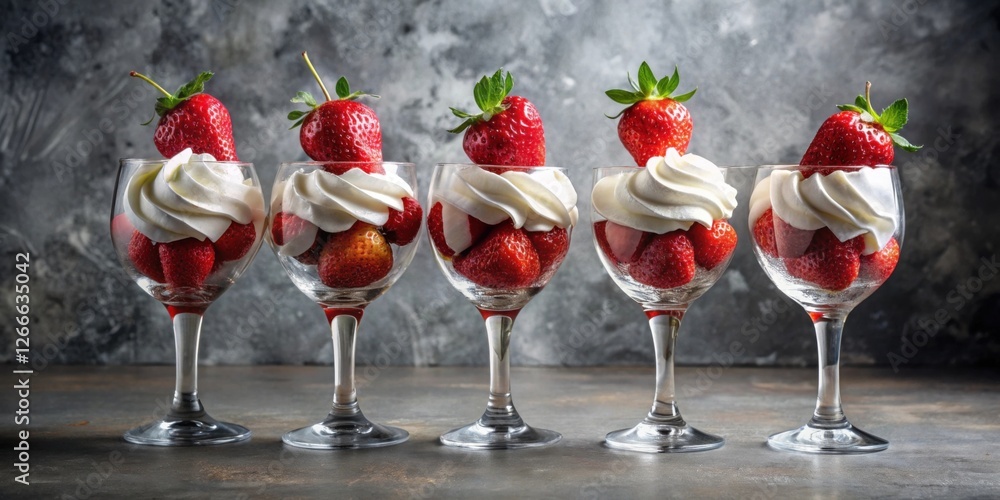 Poster sweet strawberries and creamy whipped topping in elegant glassware arranged on a rustic surface