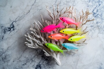 Obraz premium Vibrant rainbow colored plastic fish arranged on a white coral branch on a marble background.
