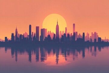 Obraz premium New York City skyline reflecting on water at sunset with large sun