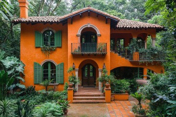 Fototapeta premium Luxurious orange villa featuring traditional spanish colonial architecture and lush landscaping