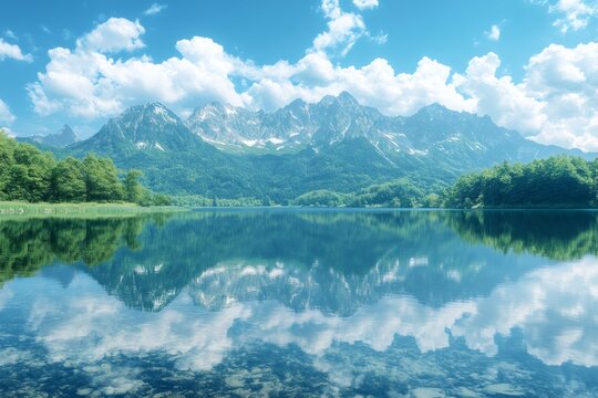 Stunning alpine panorama reflecting in the turquoise water of Lake Badersee, Germany