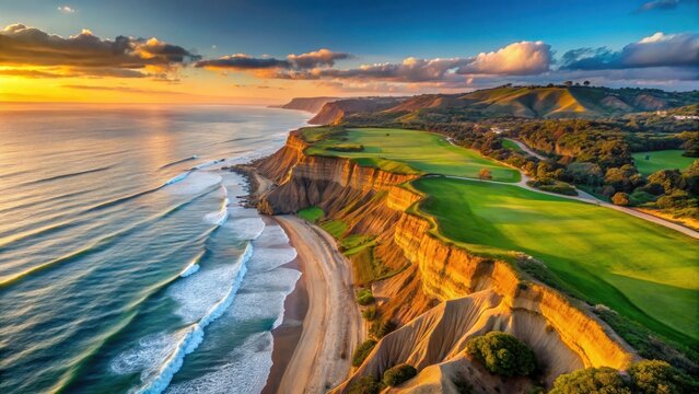 Aerial view of Torrey Pines Golf Course with a panoramic ocean view in La Jolla at sunset, sea cliffs