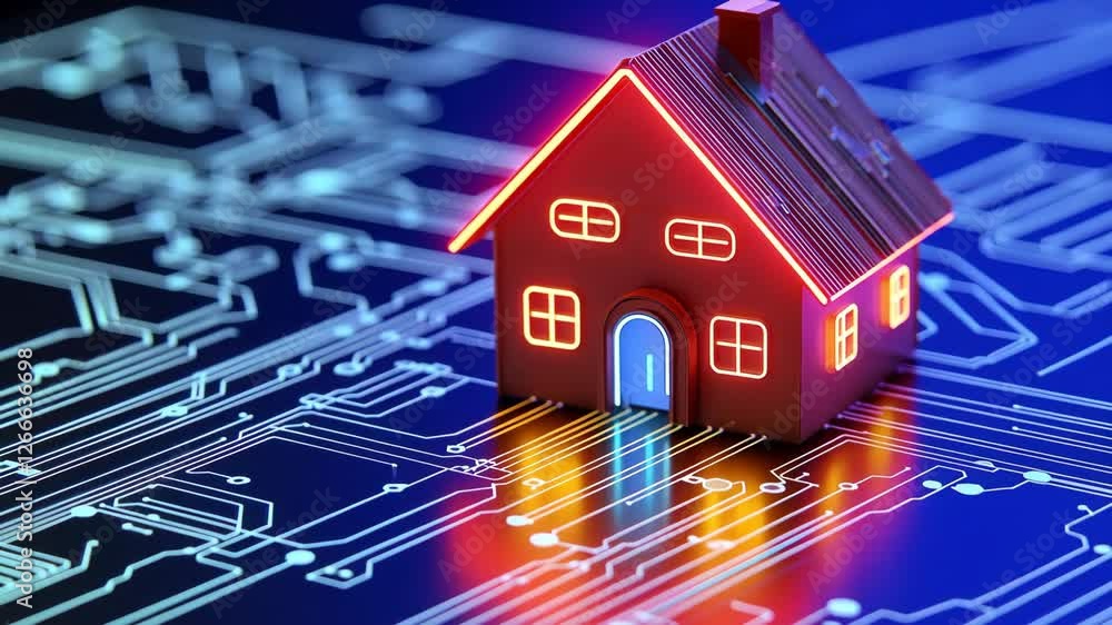 Poster glowing red house model digital circuit board symbolizing smart home technology and connectivity wit