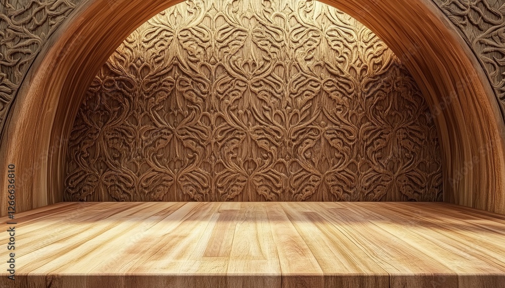 Poster wooden archway with intricate patterned wall and empty shelf