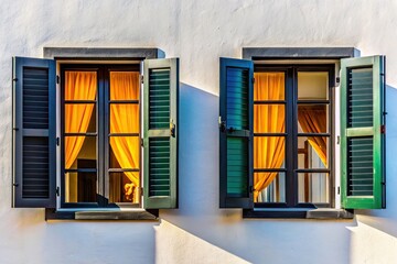 Obraz premium White walls, black windows frame open panes; drawn curtains whisper secrets within.