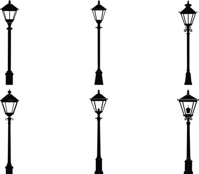 street lamp silhouette set, old post lamps silhouette vector