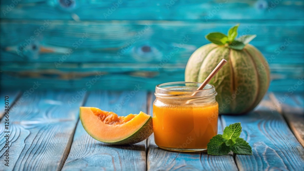 Poster Refreshing Melon Puree in a Jar with Fresh Mint and Melon Slice on a Rustic Wooden Table
