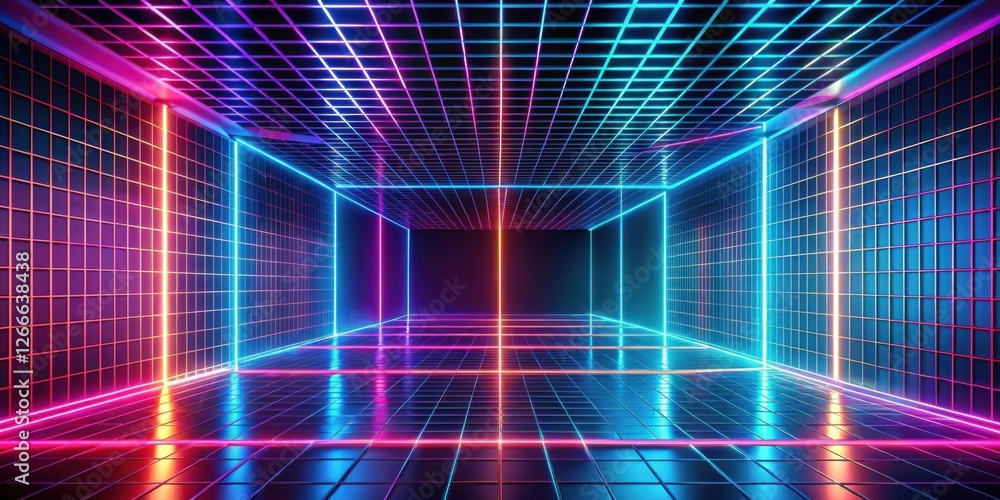 Poster vibrant neon grid room a futuristic digital environment with glowing lines and reflective tiles