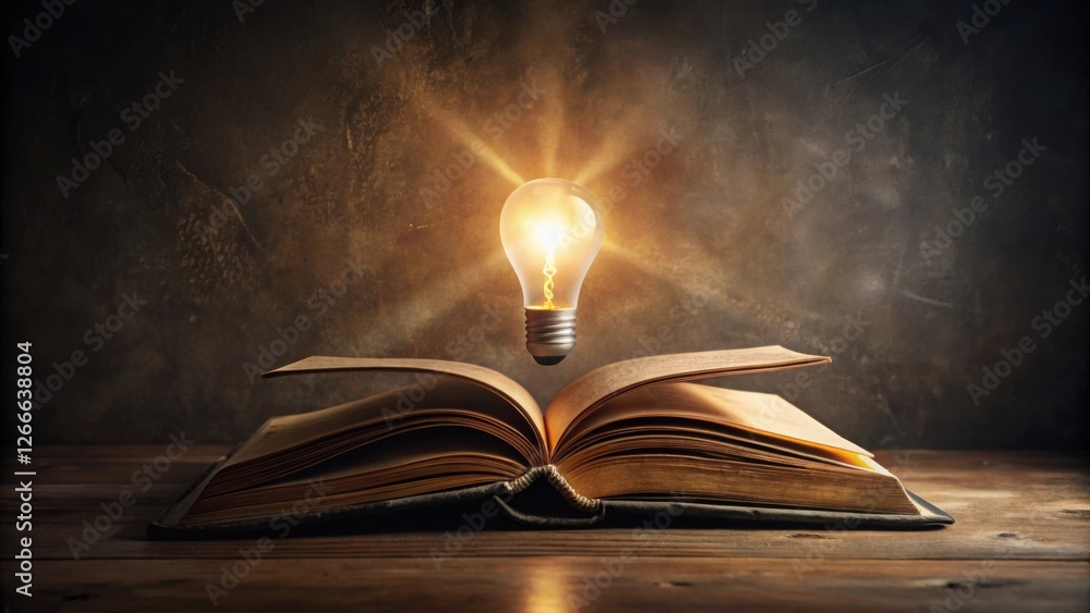 Poster illuminated pages a glowing lightbulb hovering above an open antique book, symbolizing knowledge and