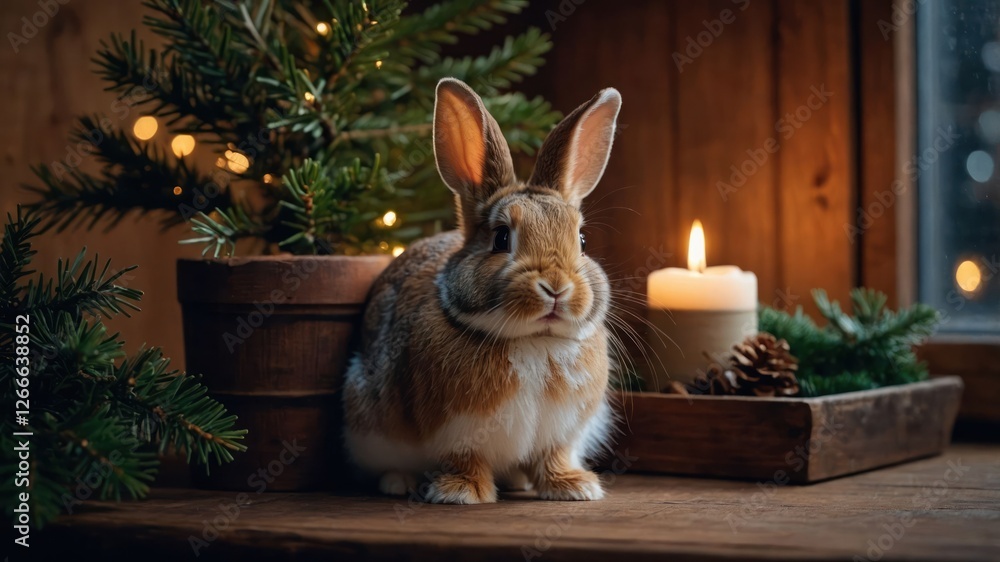 Wall mural A cozy scene featuring a rabbit beside a candle and pine decorations.