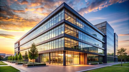 Sleek office building facade at sunset with a modern glass and steel exterior, urbanization