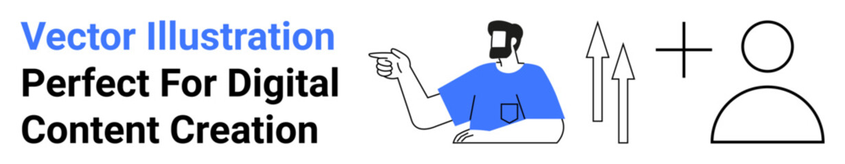 Man gesturing toward upward arrows and user avatar conveys growth, direction, and connection. Ideal for marketing, education, teamwork, professional guidance, analytics, content creation flat