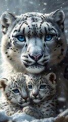 Obraz premium Snow leopard protecting her two cubs during snowfall