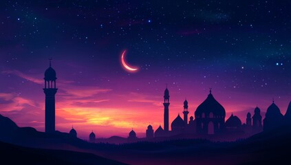 Crescent moon over desert mosque cityscape at sunset
