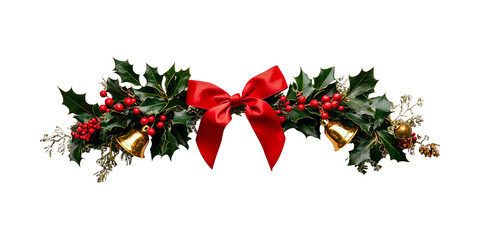 Christmas decor with holly, mistletoe, red bow, and golden bells., isolated on transparent background.