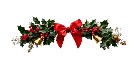 Christmas decor with holly, mistletoe, red bow, and golden bells., isolated on transparent background.