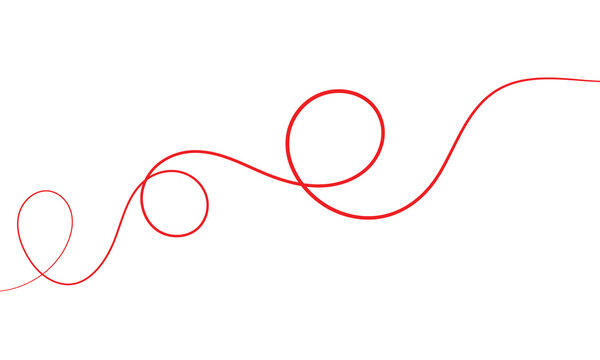 Red thread isolates on a white background. Red thread looped in a circle form, symbolizing vector. Line of red yarn, long red thread. Vector Illustration . 