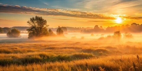 Fototapeta premium Silky morning mist shrouds a serene grassland as sunrise bursts with warm golden hues and gentle light , dawn, sunrise over misty grassland