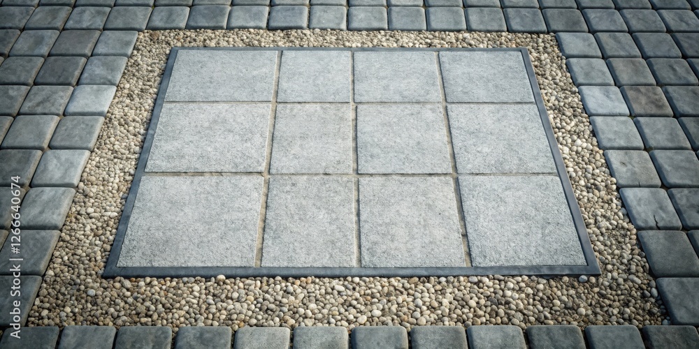 Aufkleber Serene Stone Patio Design  A Square of Polished Tiles Set in a Bed of Smooth Pebbles, Framed by Grey Pavers
