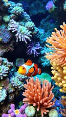 an underwater scene featuring a vibrant clownfish swimming among colorful coral reefs and sea anemones