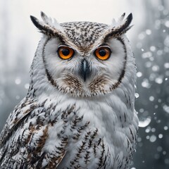 A majestic crystal owl with glowing eyes, pure white background.