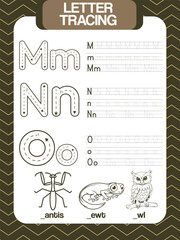 LETTER M N O TRACING, COLORING PICTURE, WORKSHEET FOR KIDS