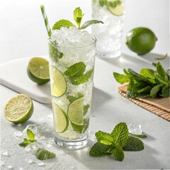 Classic Lime Mojito with Fresh Mint Leaves and Ice, Refreshing Summer Drink