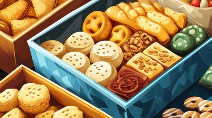 Assorted Baked Goods In Wooden And Blue Boxes