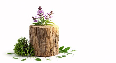 Tree stump with purple flowers on a white background, representing nature, spring, and organic beauty.

