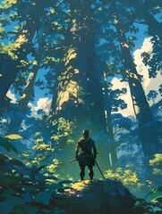 Person with sword at forest bottom looks up at tall trees, sky and clouds, for fantasy art